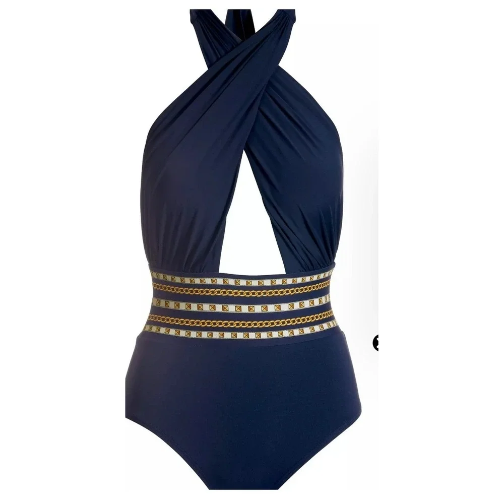 Michael‎ Kors One Piece Swimsuit Women 8 Navy Blue Halter Chain Print